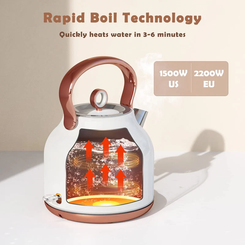 Retro Wasserkocher, 1,7 Liter Edelstahl Teekessel mit grosser Temperaturanzeige, 2200 W Schnellerhitzung Heisswasserkessel mit LED-Anzeige, Schwarz oder Weiss
