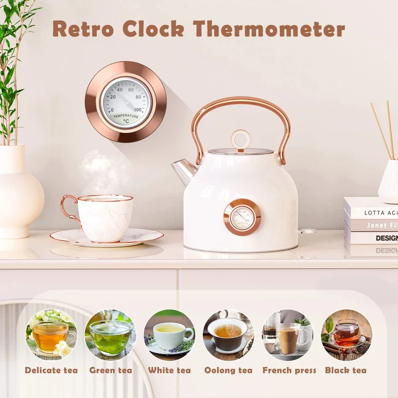 Retro Wasserkocher, 1,7 Liter Edelstahl Teekessel mit grosser Temperaturanzeige, 2200 W Schnellerhitzung Heisswasserkessel mit LED-Anzeige, Schwarz oder Weiss