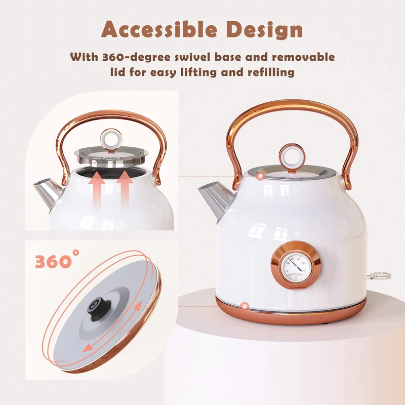 Retro Wasserkocher, 1,7 Liter Edelstahl Teekessel mit grosser Temperaturanzeige, 2200 W Schnellerhitzung Heisswasserkessel mit LED-Anzeige, Schwarz oder Weiss