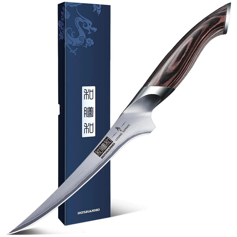 Professionelles Fisch-, Knochenmesser- und Füllküchenmesser mit ultrascharfe ergonomischem Pakkaholzgriff, 18 cm