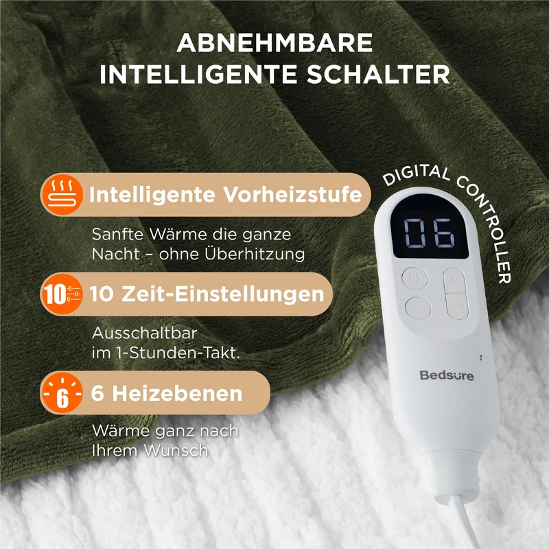 Elektrische Decke mit automatischem Abschalten - Wärmedecke mit 6 Wärmeeinstellungen und 10-Stunden-Timer, bis zu 8 Stunden Überhitzungsschutz, elektrische Kuscheldecke für Zuhause und Büro, 130 x 180 cm