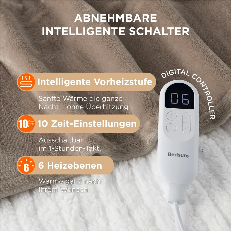 Elektrische Decke mit automatischem Abschalten - Wärmedecke mit 6 Wärmeeinstellungen und 10-Stunden-Timer, bis zu 8 Stunden Überhitzungsschutz, elektrische Kuscheldecke für Zuhause und Büro, 130 x 180 cm