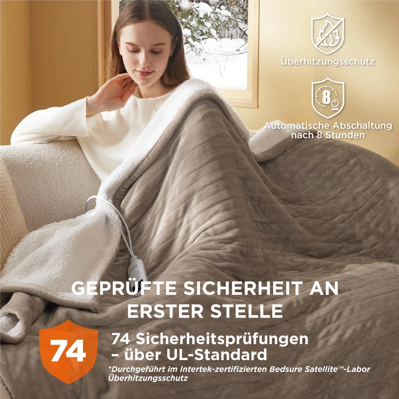 Elektrische Decke mit automatischem Abschalten - Wärmedecke mit 6 Wärmeeinstellungen und 10-Stunden-Timer, bis zu 8 Stunden Überhitzungsschutz, elektrische Kuscheldecke für Zuhause und Büro, 130 x 180 cm
