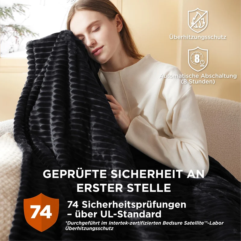 Elektrische Decke mit automatischem Abschalten - Wärmedecke mit 6 Wärmeeinstellungen und 10-Stunden-Timer, bis zu 8 Stunden Überhitzungsschutz, elektrische Kuscheldecke für Zuhause und Büro, 130 x 180 cm