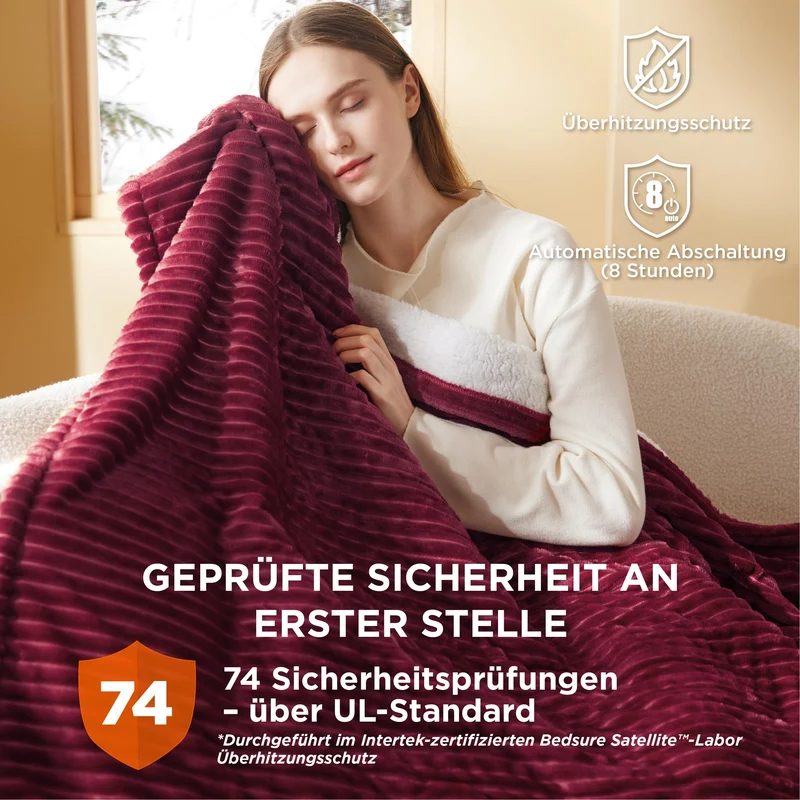 Elektrische Decke mit automatischem Abschalten - Wärmedecke mit 6 Wärmeeinstellungen und 10-Stunden-Timer, bis zu 8 Stunden Überhitzungsschutz, elektrische Kuscheldecke für Zuhause und Büro, 130 x 180 cm