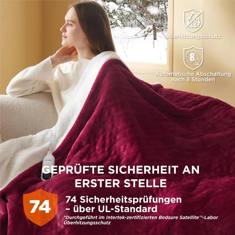 Elektrische Decke mit automatischem Abschalten - Wärmedecke mit 6 Wärmeeinstellungen und 10-Stunden-Timer, bis zu 8 Stunden Überhitzungsschutz, elektrische Kuscheldecke für Zuhause und Büro, 130 x 180 cm