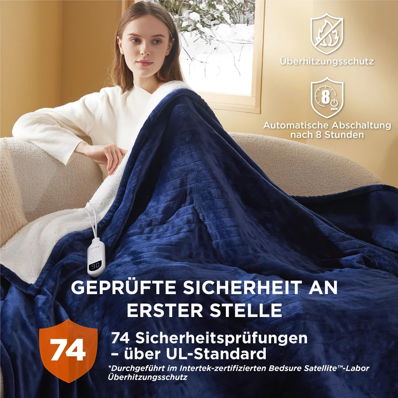 Elektrische Decke mit automatischem Abschalten - Wärmedecke mit 6 Wärmeeinstellungen und 10-Stunden-Timer, bis zu 8 Stunden Überhitzungsschutz, elektrische Kuscheldecke für Zuhause und Büro, 130 x 180 cm
