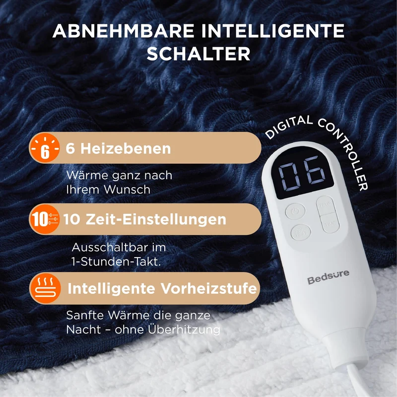 Elektrische Decke mit automatischem Abschalten - Wärmedecke mit 6 Wärmeeinstellungen und 10-Stunden-Timer, bis zu 8 Stunden Überhitzungsschutz, elektrische Kuscheldecke für Zuhause und Büro, 130 x 180 cm
