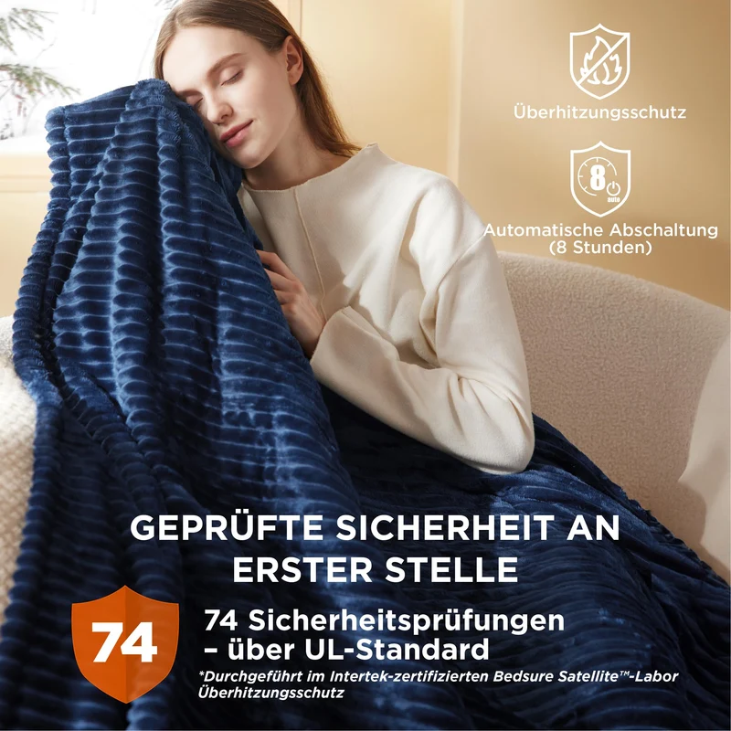 Elektrische Decke mit automatischem Abschalten - Wärmedecke mit 6 Wärmeeinstellungen und 10-Stunden-Timer, bis zu 8 Stunden Überhitzungsschutz, elektrische Kuscheldecke für Zuhause und Büro, 130 x 180 cm