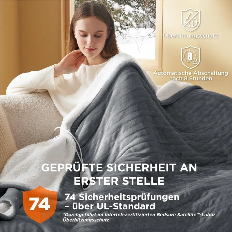 Elektrische Decke mit automatischem Abschalten - Wärmedecke mit 6 Wärmeeinstellungen und 10-Stunden-Timer, bis zu 8 Stunden Überhitzungsschutz, elektrische Kuscheldecke für Zuhause und Büro, 130 x 180 cm