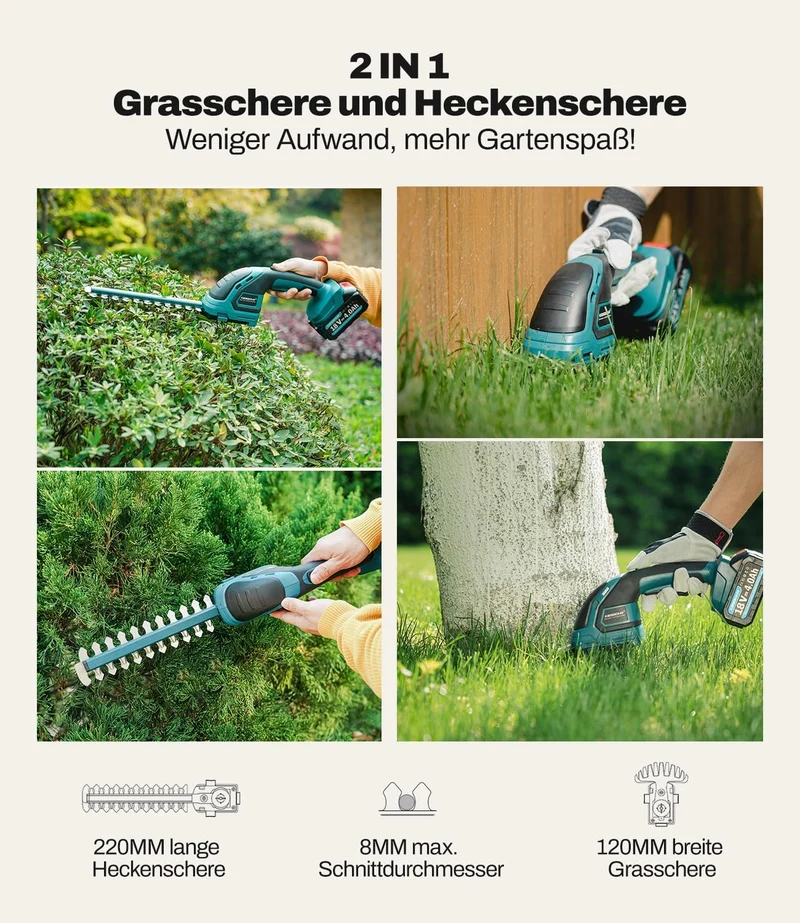 2-IN-1 Grasschere und Heckenschere Kompatibel mit Makita 18V Akku - Kleine Gras und Strauchschere Ideal für Kompakte Gartenarbeiten
