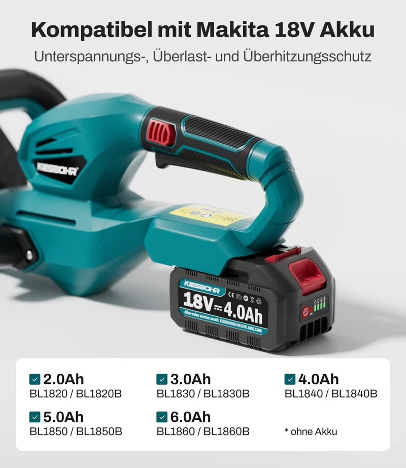 Akku Heckenschere Kompatibel mit Makita 18V Akku, 59 cm Schnittlänge, 18 mm Zahnabstand, Winkelverstellbarer Griff, Elektro Heckenschere