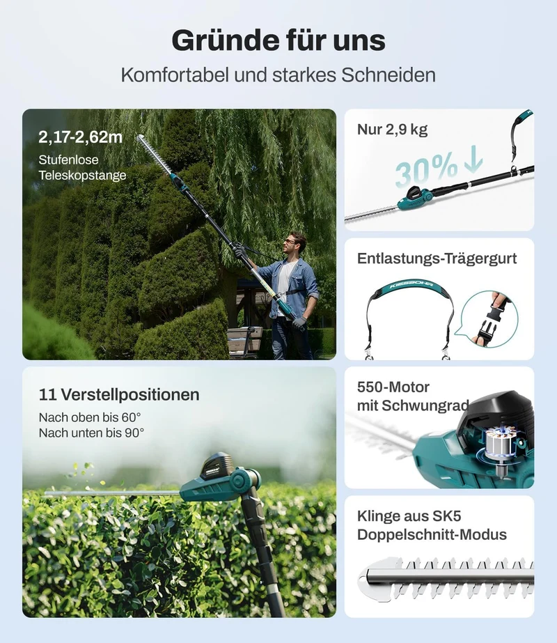 Akku Teleskop-Heckenschere kompatibel mit Makita 18V-Akkus, Schnittbreite 41 cm, Zinkenabstand 16 mm, Höhe bis 262 cm, 11-Fach winkelverstellbarer Schneidkopf