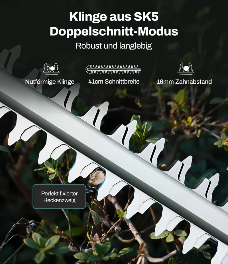 Akku Teleskop-Heckenschere kompatibel mit Makita 18V-Akkus, Schnittbreite 41 cm, Zinkenabstand 16 mm, Höhe bis 262 cm, 11-Fach winkelverstellbarer Schneidkopf