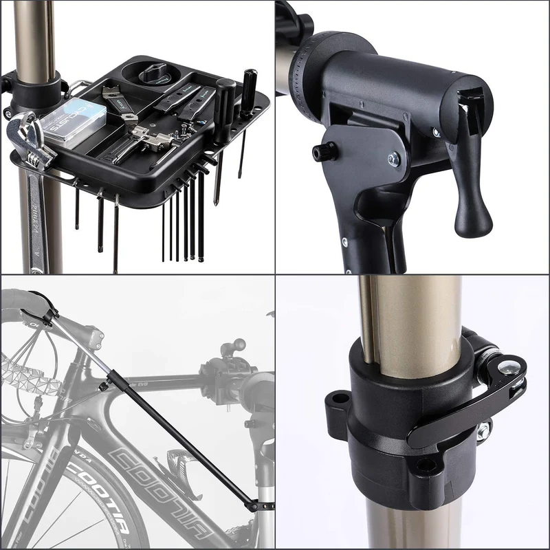 Fahrradmontageständer - Professioneller Reparaturständer mit Werkzeugschale und magnetischem Fach, drehbar und faltbar, maximale Belastung 30 kg
