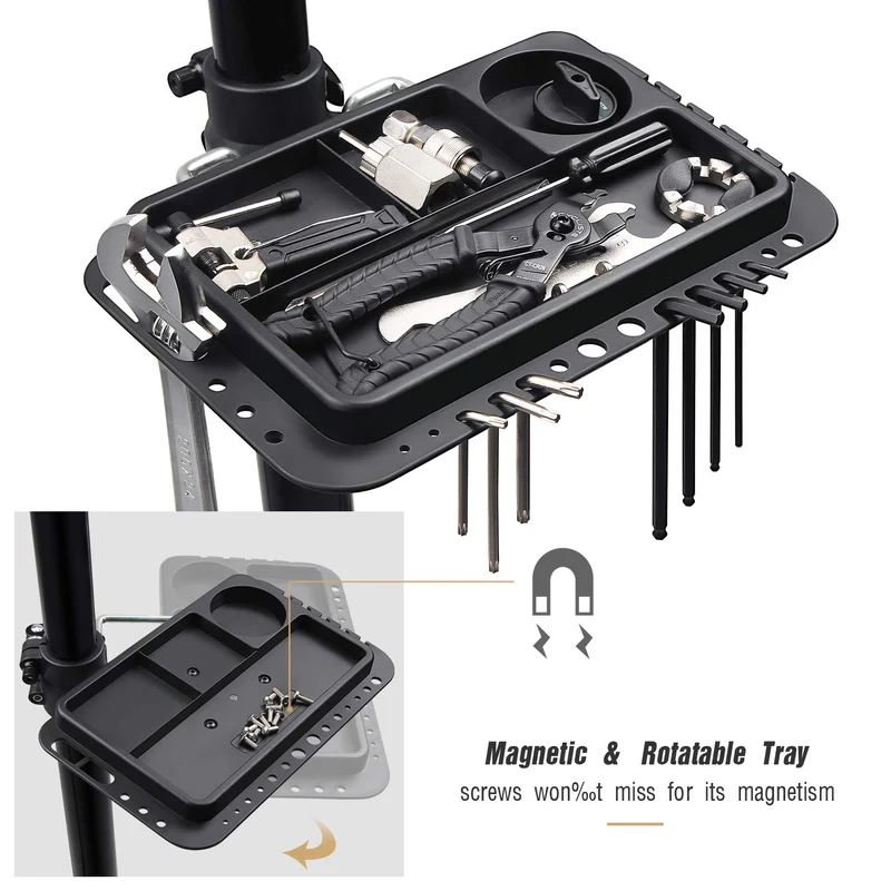 Fahrradmontageständer - Professioneller Reparaturständer mit Werkzeugschale und magnetischem Fach, drehbar und faltbar, maximale Belastung 30 kg