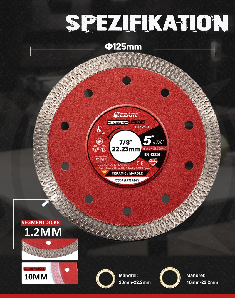 Diamantschneidscheiben 125mm Extra Thin Diamond Disc Cutting Disc für Fliesen Keramik Marmor Nass oder Trockenschnitt