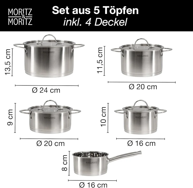 5-teiliges Kochtopfset inklusive 4 Glasdeckel - Edelstahltopf-Einführung & alle Hobs - Stilvolle Töpfe mit Deckel und Kochtopf - Geeignet für Geschirrspüler und Ofen