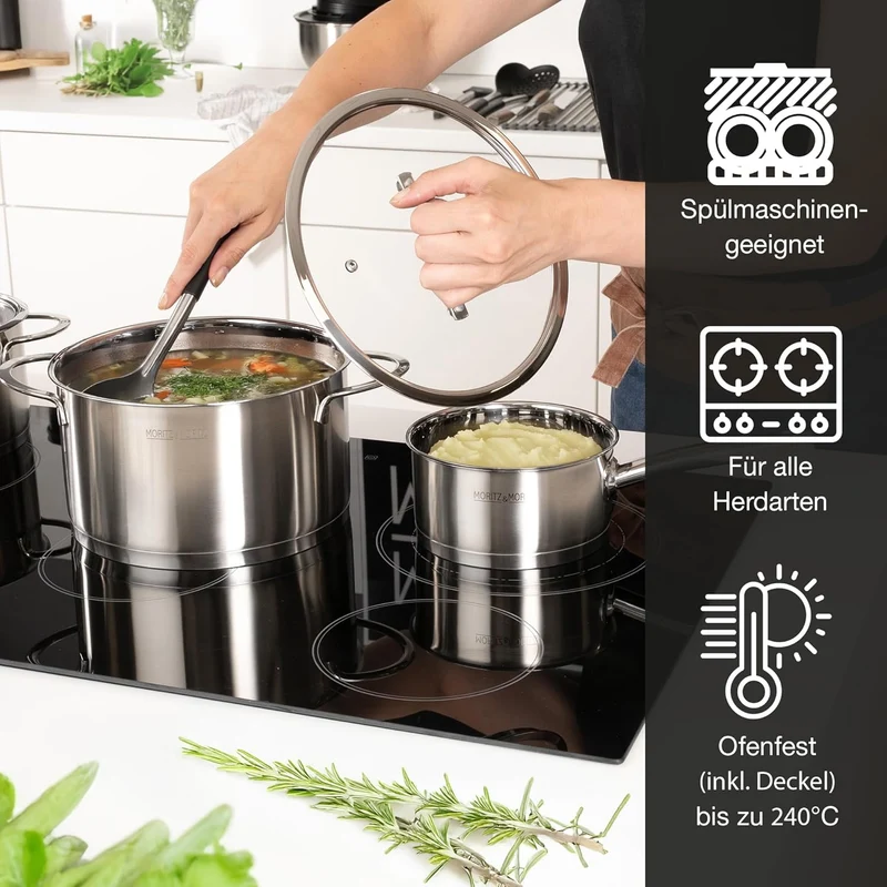 5-teiliges Kochtopfset inklusive 4 Glasdeckel - Edelstahltopf-Einführung & alle Hobs - Stilvolle Töpfe mit Deckel und Kochtopf - Geeignet für Geschirrspüler und Ofen