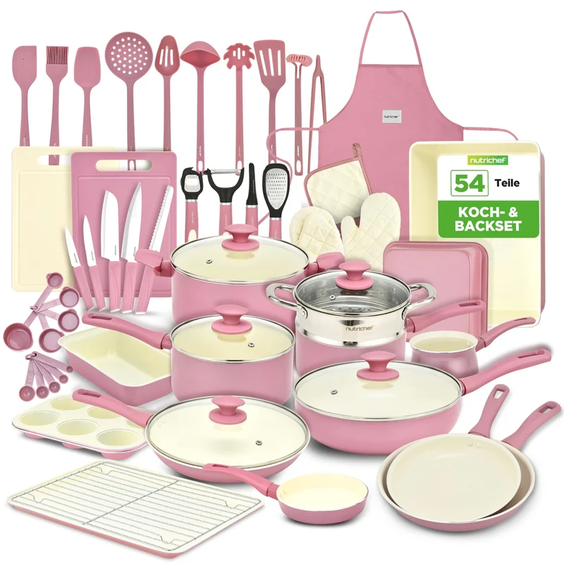 Topfset & Pfannenset - 54-teiliges Non-Stick-Kochgeschirr - Enthält Küchenutensilien, Backschale, Messer / Für Induktion, Gas & Elektrisch / Gesundes & Fettfreies Kochen