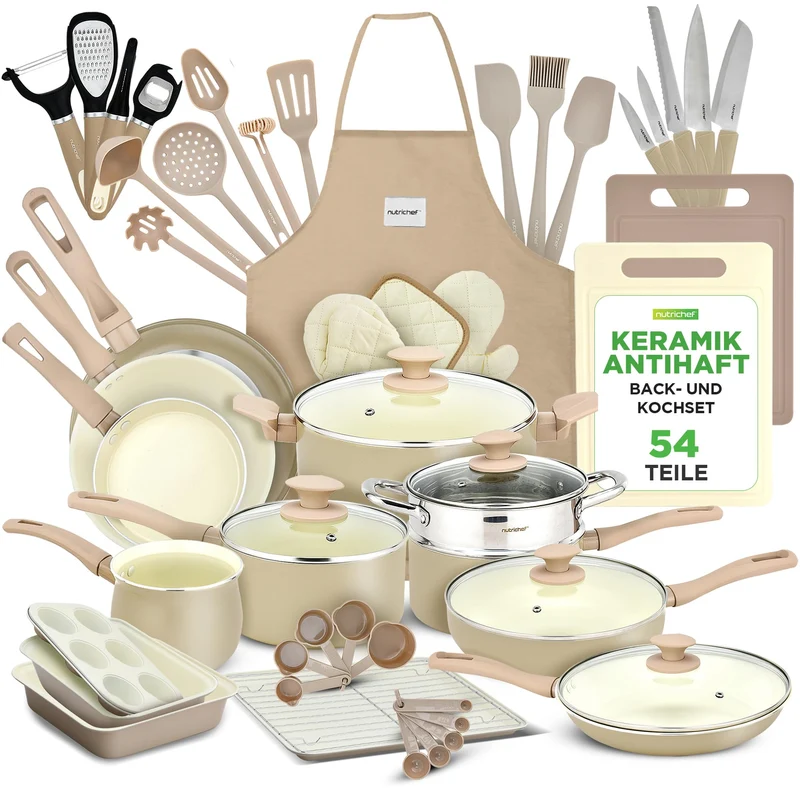 Topfset & Pfannenset - 54-teiliges Non-Stick-Kochgeschirr - Enthält Küchenutensilien, Backschale, Messer / Für Induktion, Gas & Elektrisch / Gesundes & Fettfreies Kochen