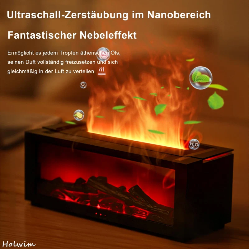 Aroma Diffusor mit LED-Kamin, Duftöl Diffusor für ätherische Öle mit 7-farbigem Lichtflammeneffekt, 150 ml Luftbefeuchter mit Fernbedienung, 4-Timer, Wasserloses Automatisches Ausschalten