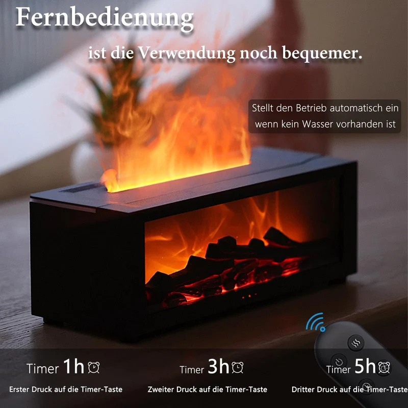 Aroma Diffusor mit LED-Kamin, Duftöl Diffusor für ätherische Öle mit 7-farbigem Lichtflammeneffekt, 150 ml Luftbefeuchter mit Fernbedienung, 4-Timer, Wasserloses Automatisches Ausschalten