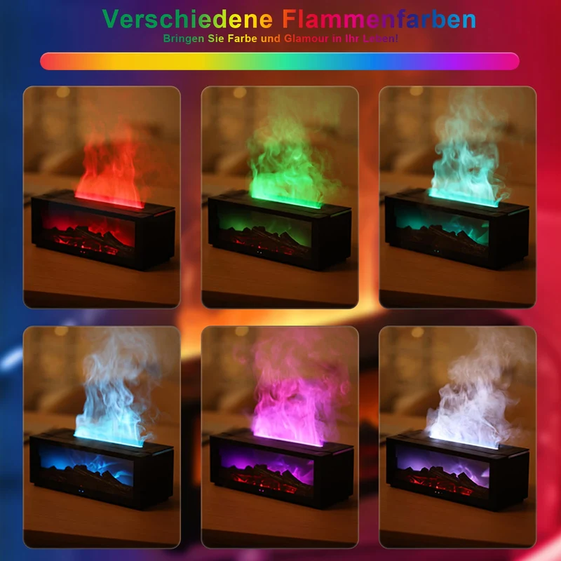 Aroma Diffusor mit LED-Kamin, Duftöl Diffusor für ätherische Öle mit 7-farbigem Lichtflammeneffekt, 150 ml Luftbefeuchter mit Fernbedienung, 4-Timer, Wasserloses Automatisches Ausschalten