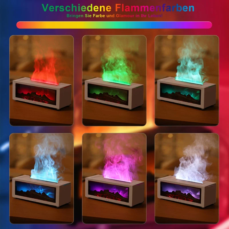 Aroma Diffusor mit LED-Kamin, Duftöl Diffusor für ätherische Öle mit 7-farbigem Lichtflammeneffekt, 150 ml Luftbefeuchter mit Fernbedienung, 4-Timer, Wasserloses Automatisches Ausschalten