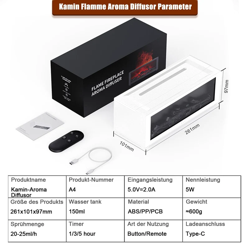 Aroma Diffusor mit LED-Kamin, Duftöl Diffusor für ätherische Öle mit 7-farbigem Lichtflammeneffekt, 150 ml Luftbefeuchter mit Fernbedienung, 4-Timer, Wasserloses Automatisches Ausschalten