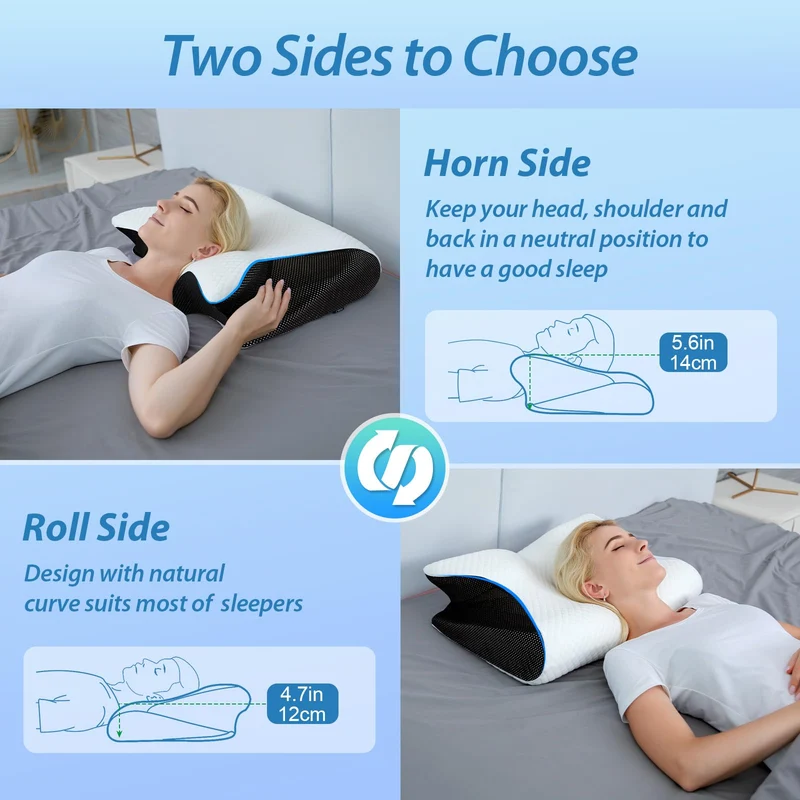 2 in 1 Ergonomisches Nackenkissen Orthopädisches Kopfkissen Memory Foam Kissen für Rücken-, Seiten- und Bauchschläfer, 60x40x12/14cm