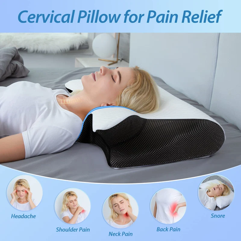 2 in 1 Ergonomisches Nackenkissen Orthopädisches Kopfkissen Memory Foam Kissen für Rücken-, Seiten- und Bauchschläfer, 60x40x12/14cm