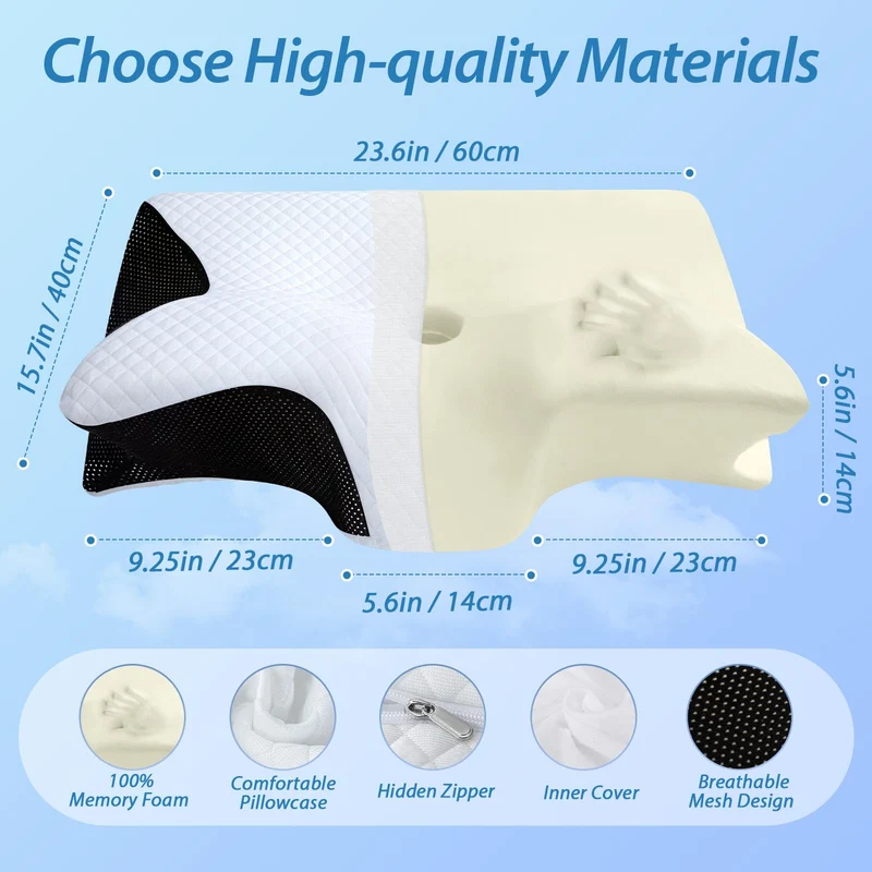 2 in 1 Ergonomisches Nackenkissen Orthopädisches Kopfkissen Memory Foam Kissen für Rücken-, Seiten- und Bauchschläfer, 60x40x12/14cm