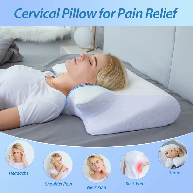 2 in 1 Ergonomisches Nackenkissen Orthopädisches Kopfkissen Memory Foam Kissen für Rücken-, Seiten- und Bauchschläfer, 60x40x12/14cm