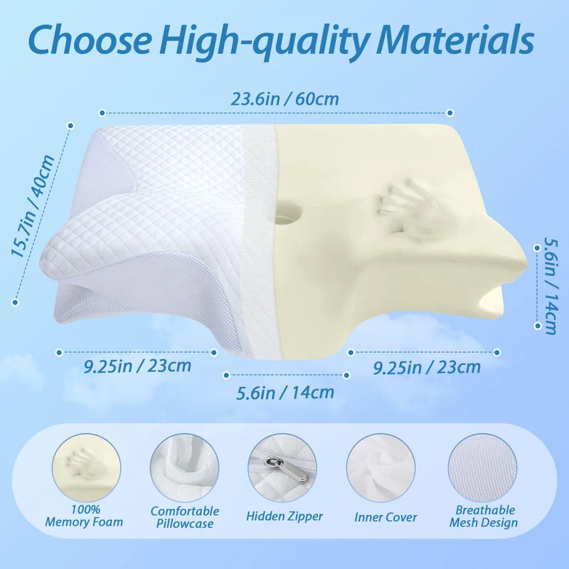 2 in 1 Ergonomisches Nackenkissen Orthopädisches Kopfkissen Memory Foam Kissen für Rücken-, Seiten- und Bauchschläfer, 60x40x12/14cm