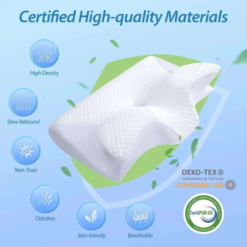 2 in 1 Ergonomisches Nackenkissen Orthopädisches Kopfkissen Memory Foam Kissen für Rücken-, Seiten- und Bauchschläfer, 60x40x12/14cm
