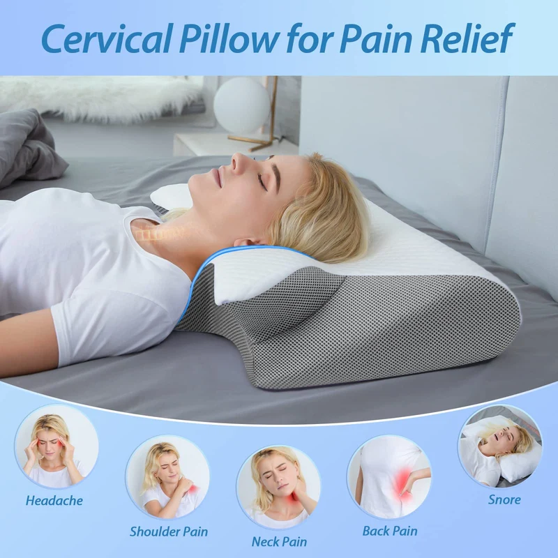 2 in 1 Ergonomisches Nackenkissen Orthopädisches Kopfkissen Memory Foam Kissen für Rücken-, Seiten- und Bauchschläfer, 60x40x12/14cm