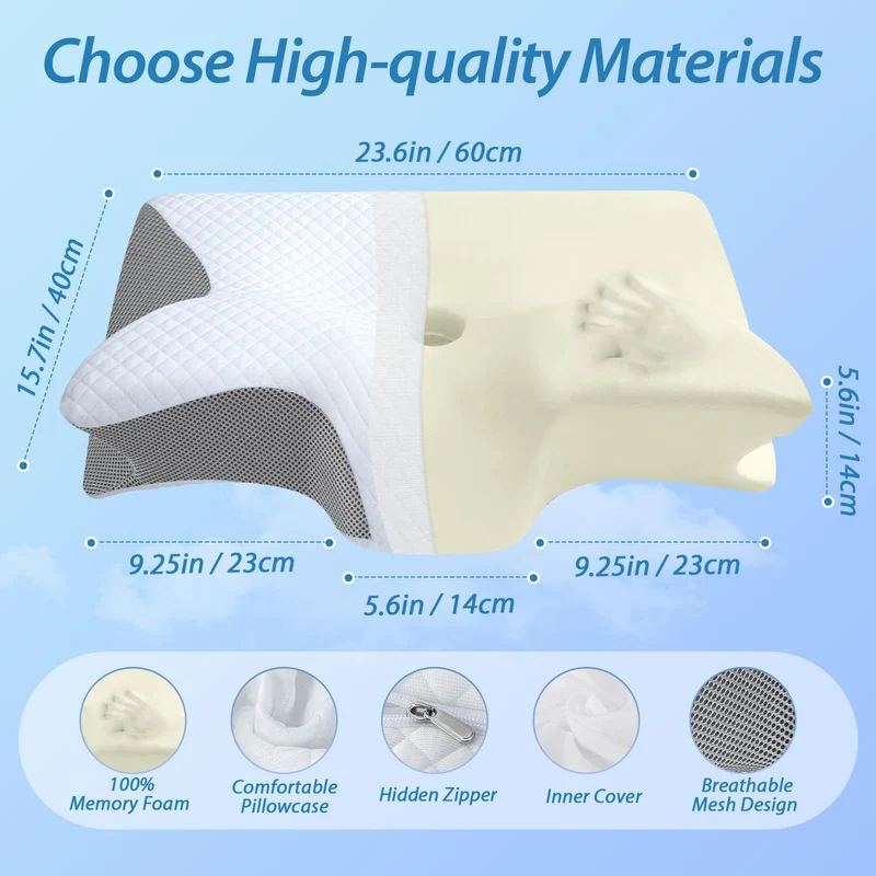 2 in 1 Ergonomisches Nackenkissen Orthopädisches Kopfkissen Memory Foam Kissen für Rücken-, Seiten- und Bauchschläfer, 60x40x12/14cm