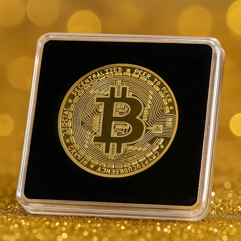 Crypto Bitcoin Coin / 24 Karat Gold / Inklusive elegantes Plexiglas-Münzgehäuse