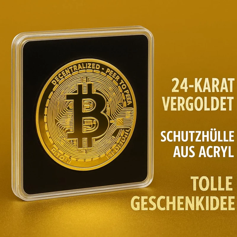 Crypto Bitcoin Coin / 24 Karat Gold / Inklusive elegantes Plexiglas-Münzgehäuse
