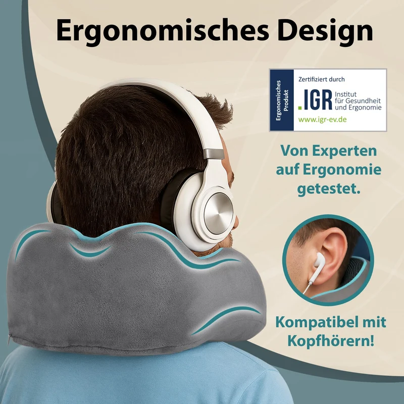 Bequemer Neck Cushion Flugzeug & Auto Reisekissen Memory Foam mit schlankem Rücken und waschbarer Abdeckung (Velvet Soft & Breathable) - Neck Cushion Adults Grey