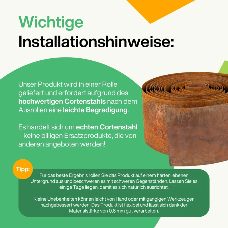Stahl Rasenkante Metall Blumenbettkante 14 cm hoch, einfache Montage, Blumenbettrand mit Rost, 1 Paar Montagehandschuhe inklusive