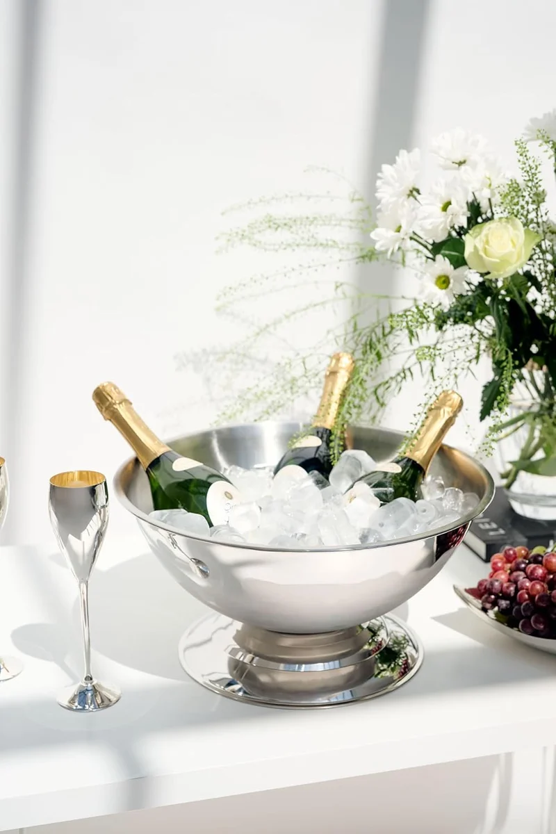 Champagner Kühler Cara (Ø 40 cm, groß) aus Edelstahl - Flaschenkühler, Sektkühler - Getränkekühler für 5 Flaschen - Schale für Wein, Sekt & Eiswürfel - Weinkühler