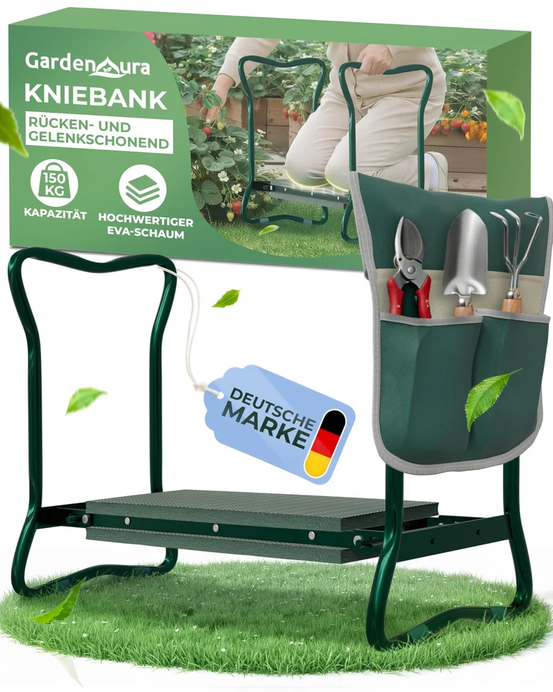 Kniebank für Gartenarbeit - Gartenhocker mit Werkzeugtasche - Garten Kniebank Rücken- und Gelenkschonend bis 150kg belastbar - Gartenhocker klappbar für idealen Knie Komfort