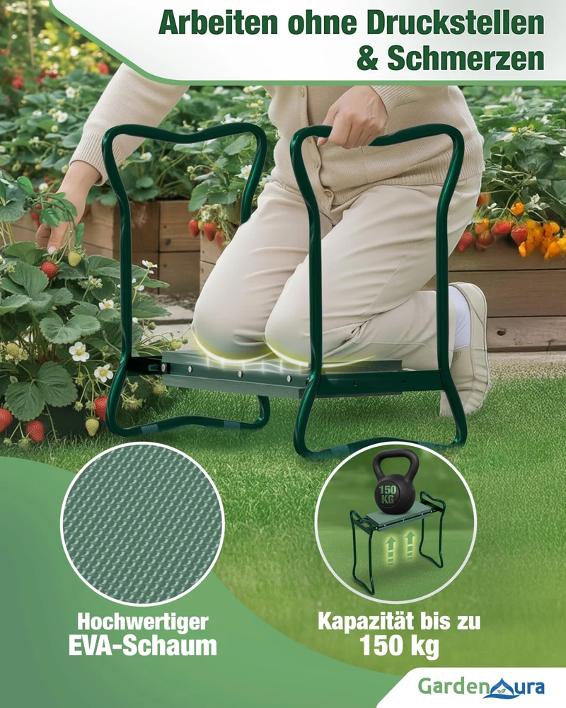 Kniebank für Gartenarbeit - Gartenhocker mit Werkzeugtasche - Garten Kniebank Rücken- und Gelenkschonend bis 150kg belastbar - Gartenhocker klappbar für idealen Knie Komfort