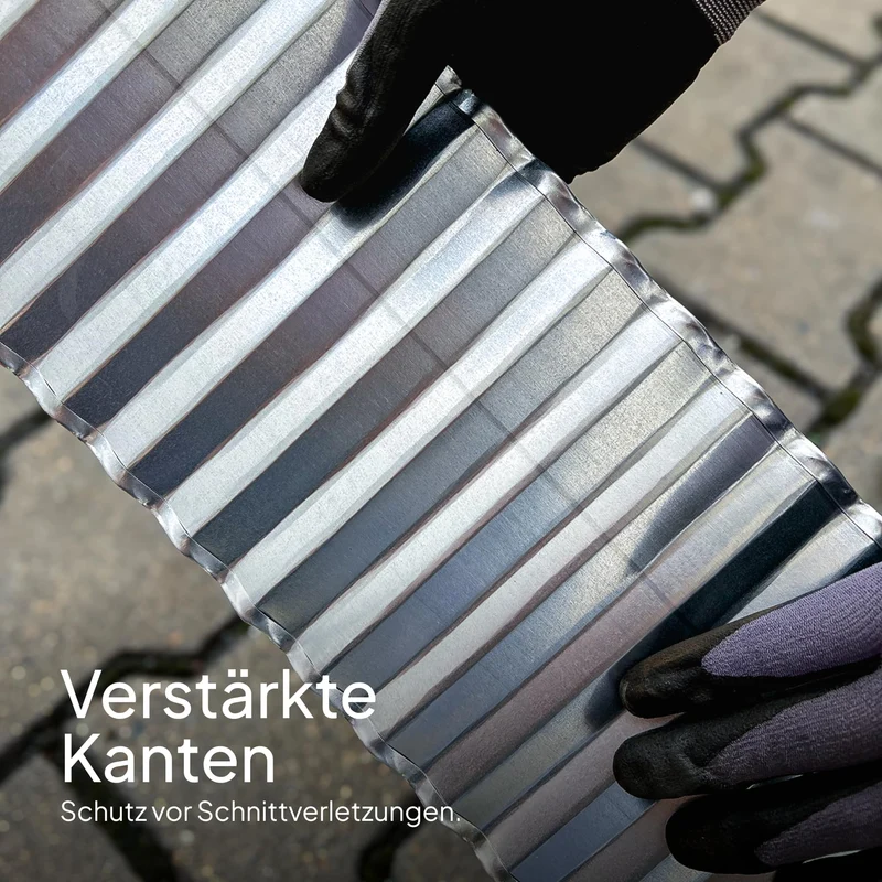 Rasenkante Verzinkt - Beeteinfassung aus Metall 15 cm hoch - Einfache Montage, Rostfrei und Langlebig - Flexible Beetumrandung, 1 Paar Montagehandschuhe inklusive