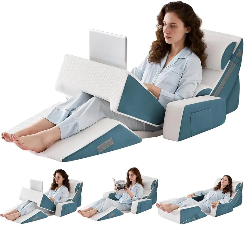 9PCS Orthopädische Bett Keil Kissen Set,Post Chirurgie Schaum Kissen für Körper,Rücken und Beine Schmerzlinderung,Justierbare Stützkissen mit Säure Reflux Bed Wedge Memory Foam Marineblau