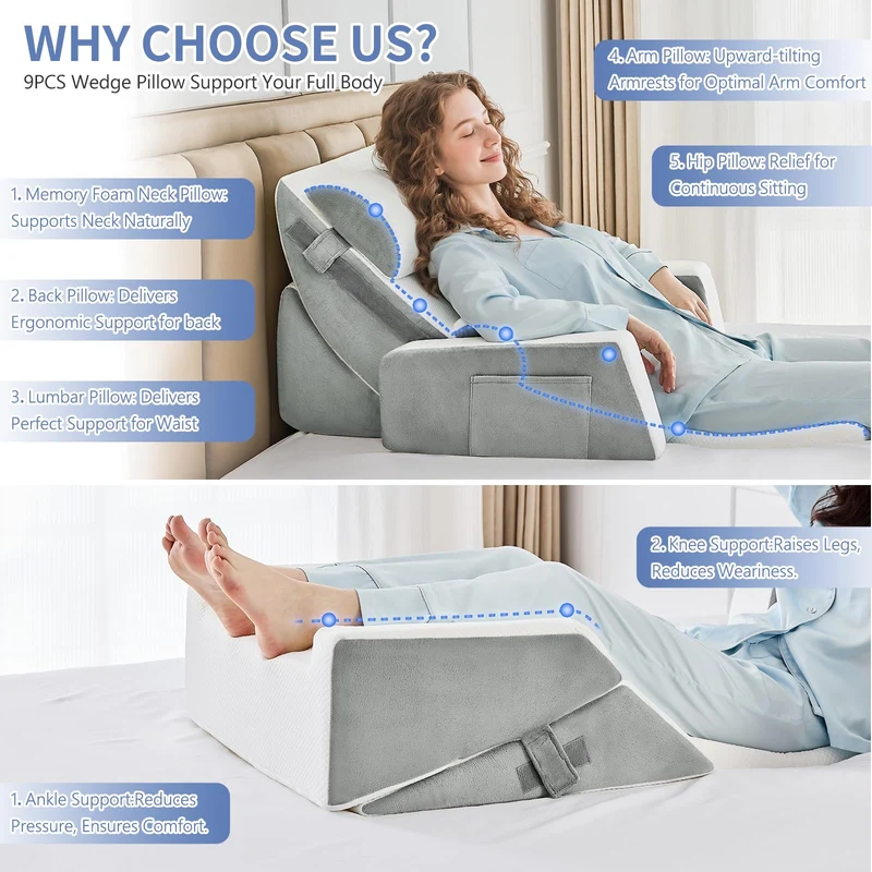 9PCS Orthopädische Bett Keil Kissen Set,Post Chirurgie Schaum Kissen für Körper,Rücken und Beine Schmerzlinderung,Justierbare Stützkissen mit Säure Reflux Bed Wedge Memory Foam Marineblau