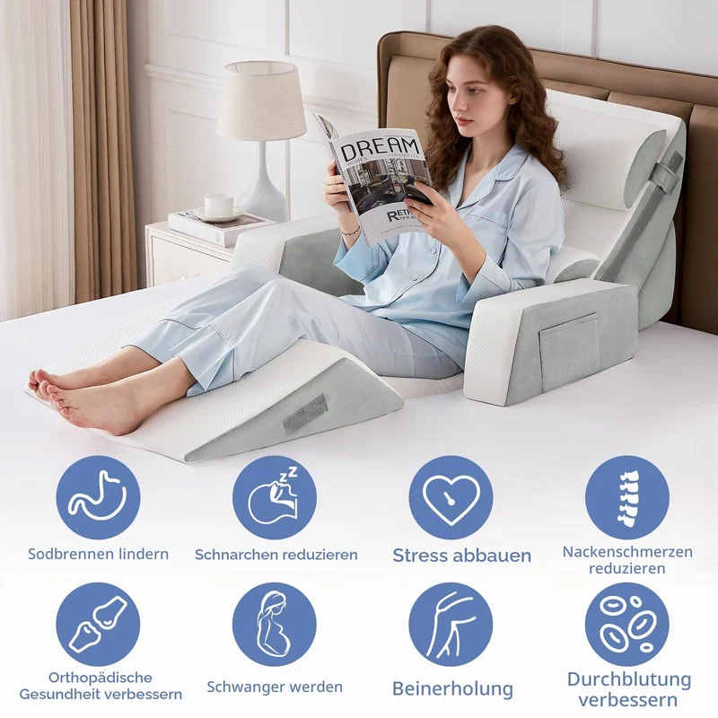 9PCS Orthopädische Bett Keil Kissen Set,Post Chirurgie Schaum Kissen für Körper,Rücken und Beine Schmerzlinderung,Justierbare Stützkissen mit Säure Reflux Bed Wedge Memory Foam Marineblau