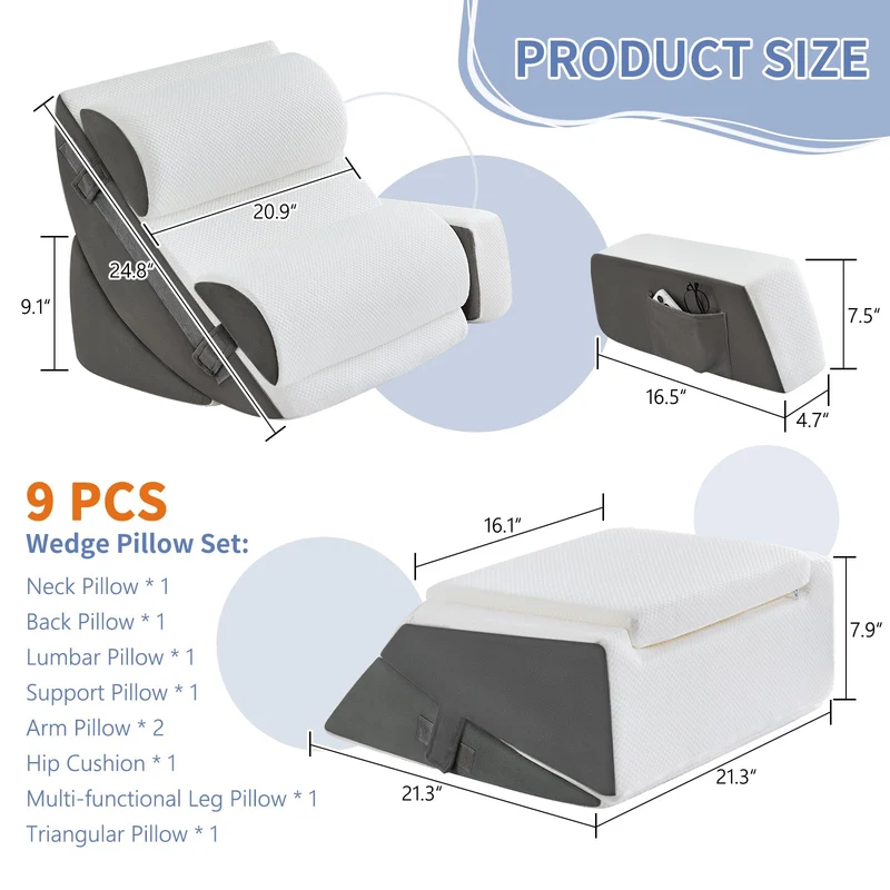 9PCS Orthopädische Bett Keil Kissen Set,Post Chirurgie Schaum Kissen für Körper,Rücken und Beine Schmerzlinderung,Justierbare Stützkissen mit Säure Reflux Bed Wedge Memory Foam Marineblau